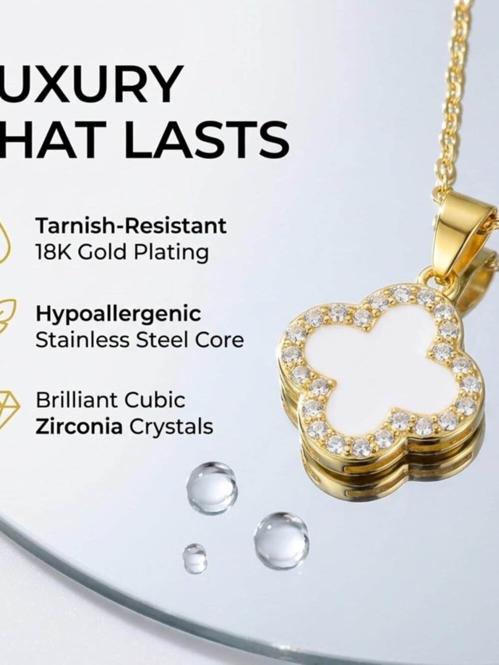 2 Side Crystal Clover Necklace for Women | 18K Gold Plated Four Leaf Lucky Penda - Picture 5 of 6